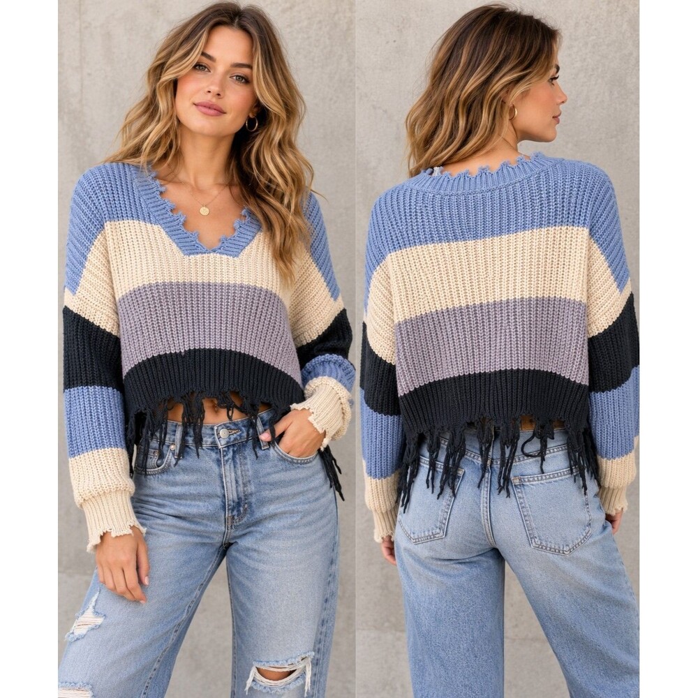 Deconstructed Striped Distressed Cropped Sweater Coco + Jaimeson Size M Grunge